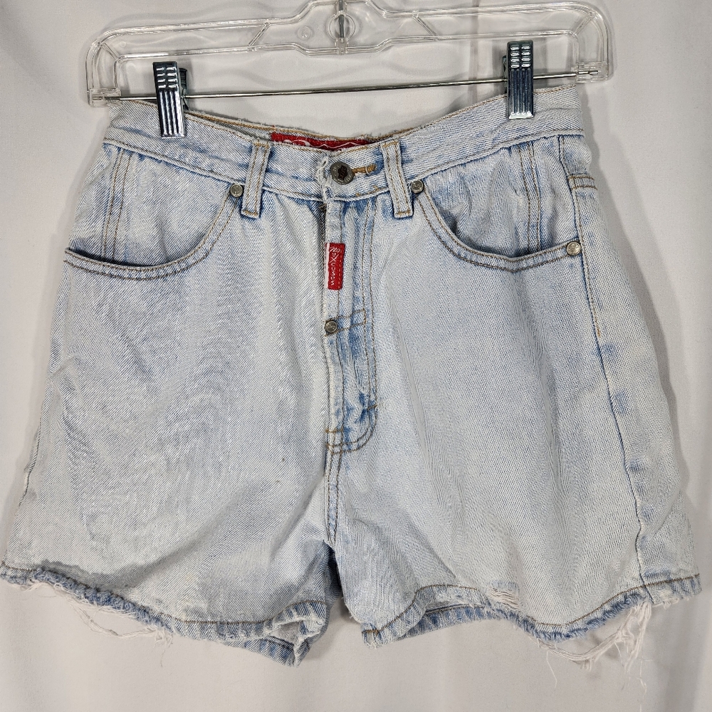 No Excuses Sexy Jeanswear Tough Light Wash Distressed Blue Denim Shorts Sz 9/10